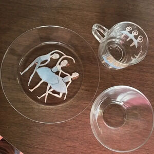 Vintage Arcoroc France Glass Plate, Matching Cup and Bowl Painted With Ballerina